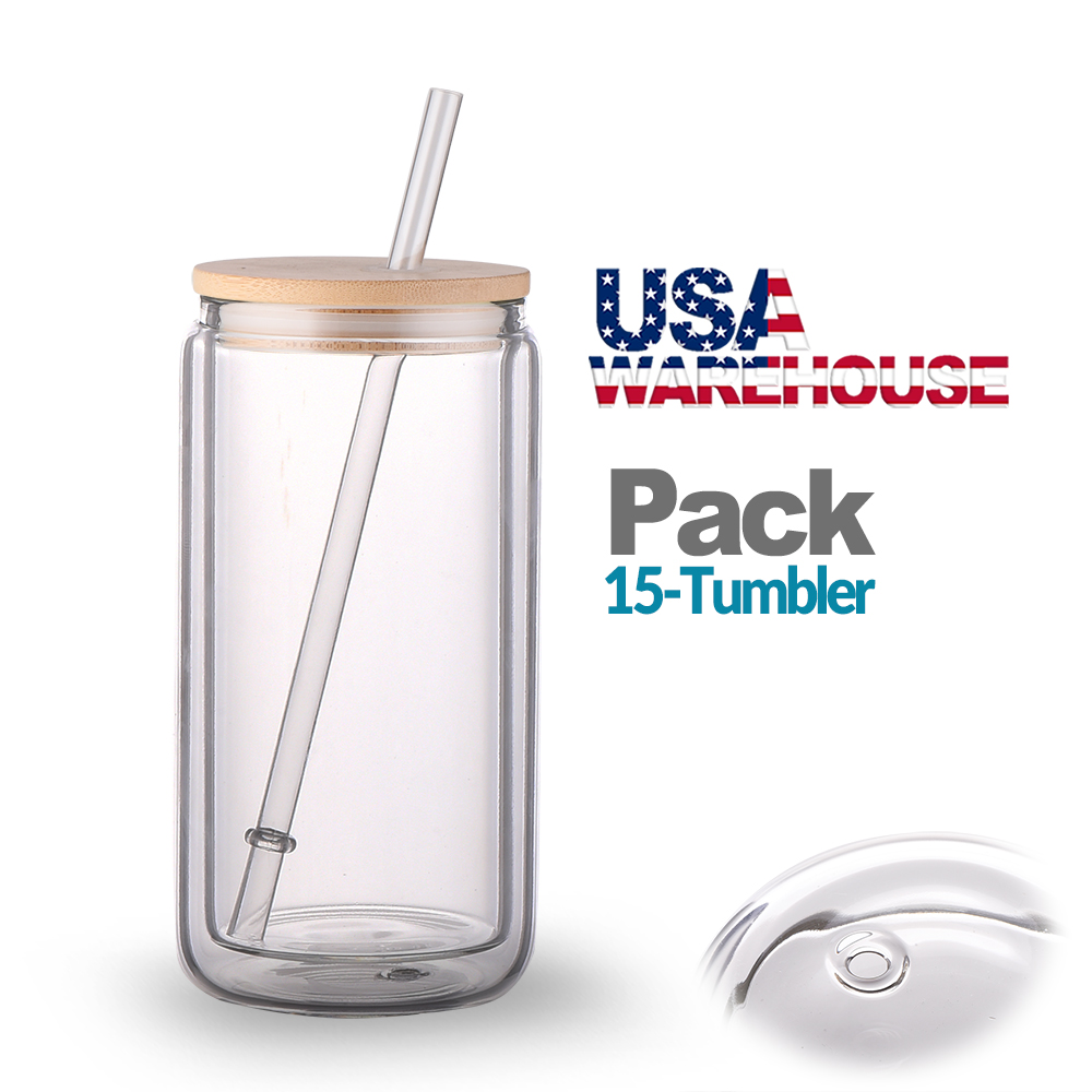 15oz Double Walled Glass Tumbler Blank Can Sublimation Bamboo Lid